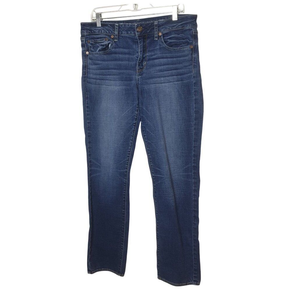 American Eagle Womens Jeans 12 Long Blue Super Stretch Denim Mid Rise AEO Flex